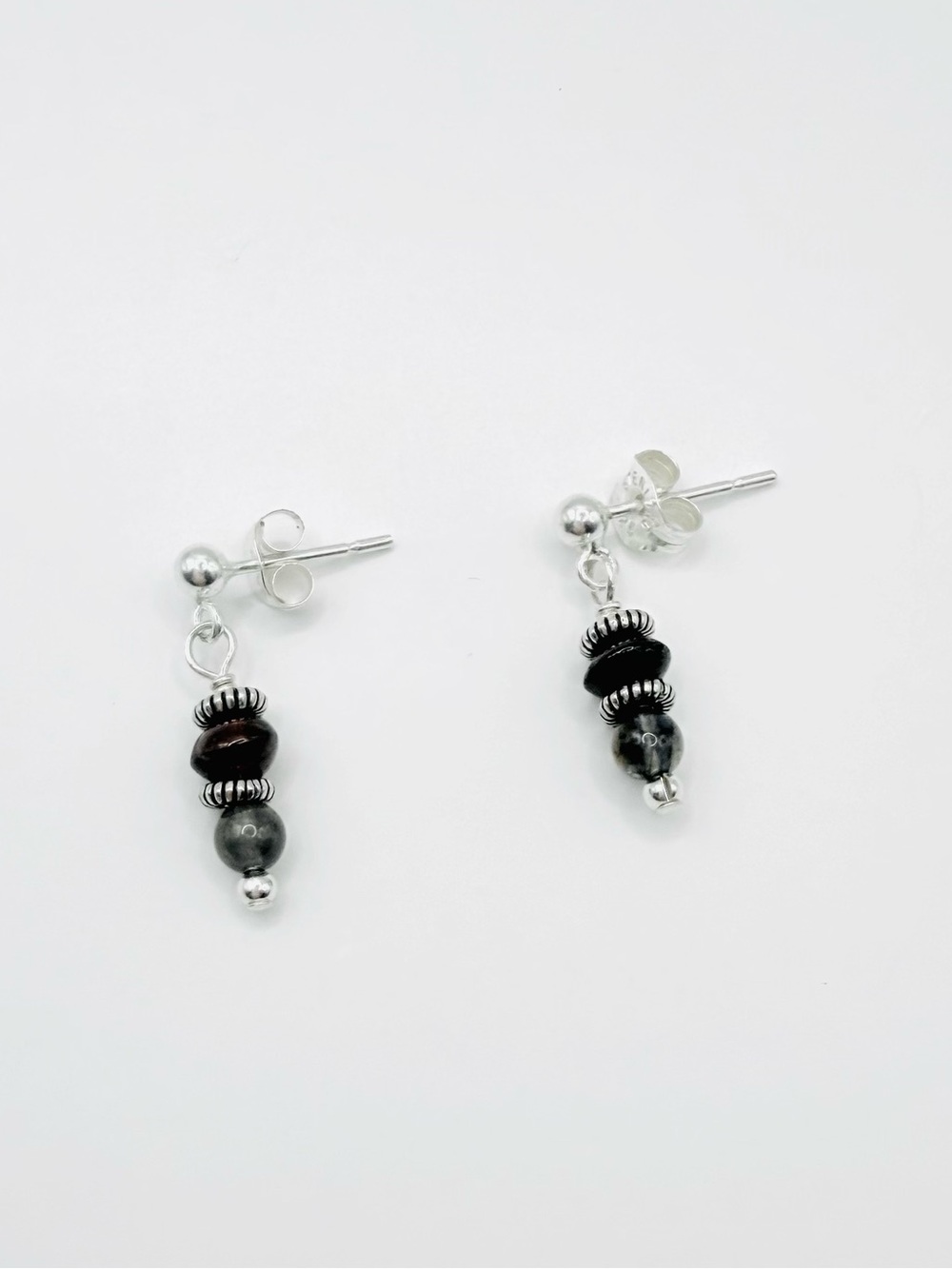 Garnet, Green Tourmaline Semi-Precious Bali Bead Sterling Silver Earrings